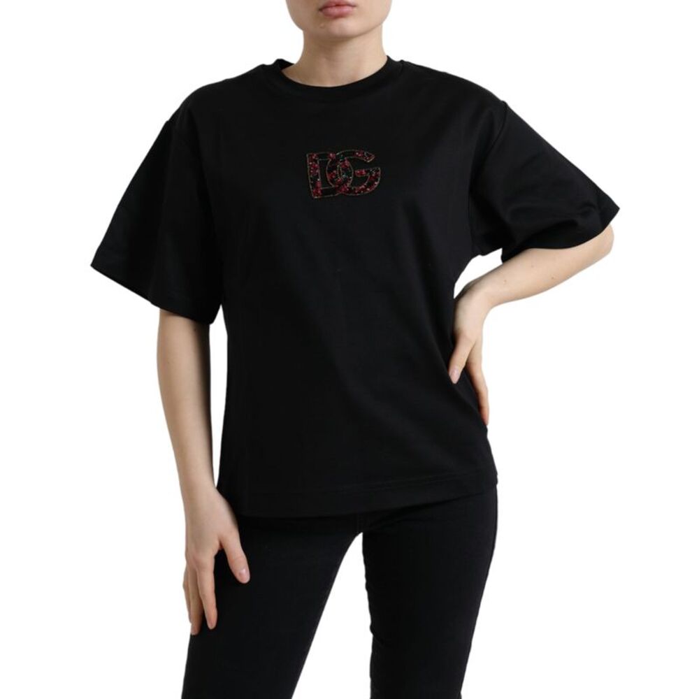 Dolce & Gabbana Black Cotton DG Crystal Crewneck Tee Women's T-shirt